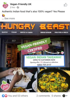 Fully vegan 100% certified  at Hungry Beast in East London
