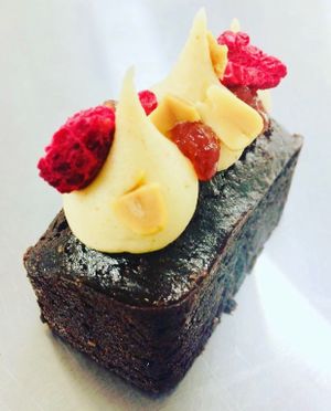 Vegan Gluten free dark chocolate raspberry brownie  at Hungry Beast in East London