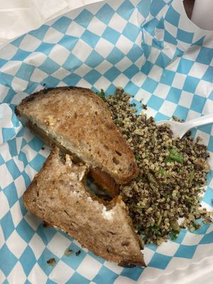 Yam and cheese with a side of quinoa pepita pilaf at Plant Joy in Charlotte