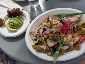 Falafel tower, avo, shitake skewer at Plant Joy in Charlotte