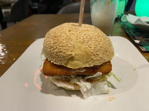 Fish burger: tasty, but with 3 fish sticks instead of a fish burger.  at Vegan Food Bar in Almere