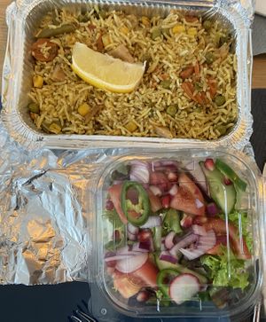 ‘Chicken’ biryani, which includes a side salad. Really spicy!  at Vegan Food Bar in Almere