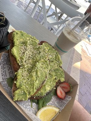 Avo toast and protein vegan smoothie   at Olakino Noosa Heads in Noosa Heads
