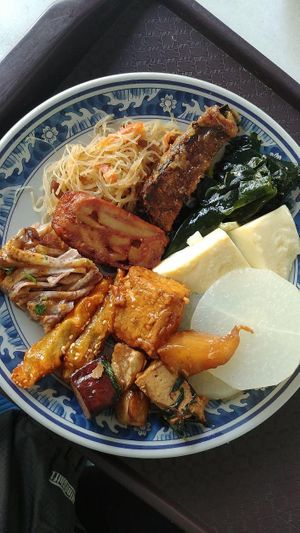 noodles, "fish", seaweed, egg custard, turnip, tofu, tofu, fried okra, taro at Qian Ye Vegetarian in Kaohsiung