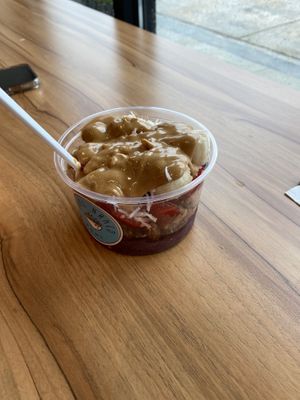 Delicious açaí bowl with peanut butter   at Bare Naked Bowl in East Meadow
