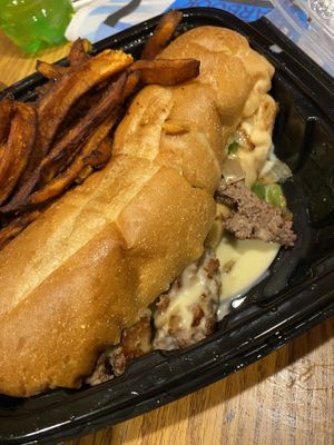 Vegan Philly Cheesesteak with Sweet Potato Fries  at The Diner Boys in Merrick