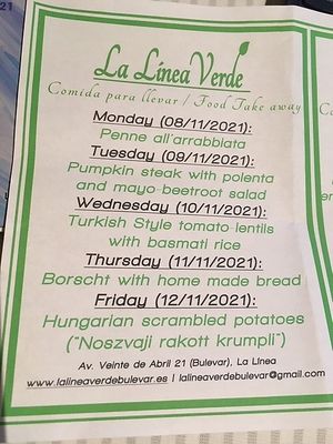 An example of Georgie's weekly menu. The price is unbeatable!  at La Línea Verde in La Linea De La Concepcion