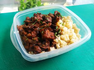 Daily menu: Hungarian Mushroom-Seitan stew made with red wine with bulgur at La Línea Verde in La Linea De La Concepcion