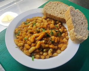 Piedone`s beans with homemade bread at La Línea Verde in La Linea De La Concepcion