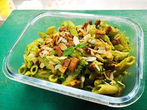 Spinach-Basil pesto pasta with Vegan parmesan at La Línea Verde in La Linea De La Concepcion