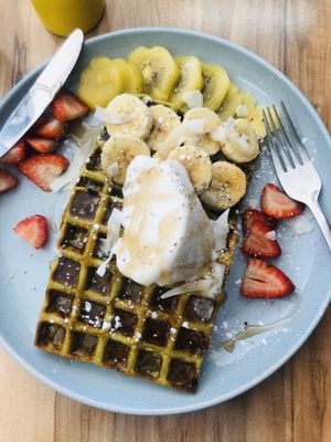 Vegan Matcha waffles with vanilla vegan ice cream  at Start Cafe Bakery Hill in Ballarat