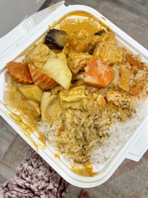 Yellow & Red curries with steamed rice at Thai Elephant Express in San Jose