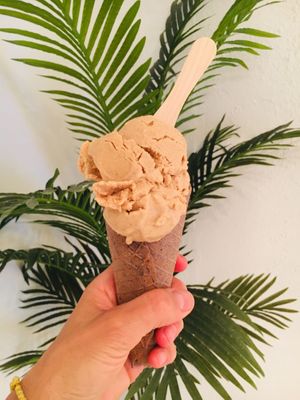 Vanilla ice cream with gluten-free waffle cone at Coco Lov in Tampa