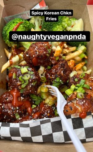 Spicy Korean chik’n fries. Made with cauliflower  at Naughty Vegan Panda in Pasadena