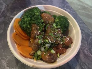 Orange chicken   at Naughty Vegan Panda in Pasadena