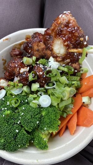 Spicy Korean chicken bowl  at Naughty Vegan Panda in Pasadena