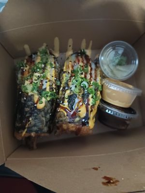 Deep fried sushi burrito with fake crab and shrimp at Naughty Vegan Panda in Pasadena