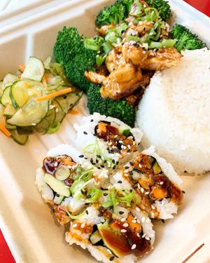 One 🥊 Combo with teriyaki chicken and sweet potato roll  at Naughty Vegan Panda in Pasadena