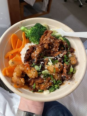The surf and turf bowl with vegan shrimp and steak   at Naughty Vegan Panda in Pasadena