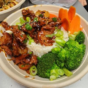 Surf and turf bowl at Naughty Vegan Panda in Pasadena