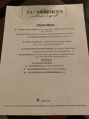vegan menu  at Tu Madres Cantina & Grill in Indio