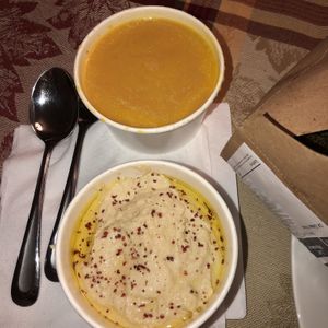 Hummus and lentil soup  at Taheni in Lindenhurst