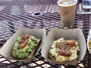 The avocado and chickpea toast with a milkshake  at Moab Rainbowls in Moab