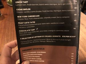 Menu  at Ilali in Wilderness