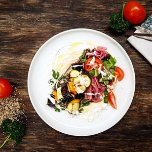 Vegetable gyro plate with hummus, mint tabouli, bitter lettuce and yoghurt at Green Dinner Table in Christchurch