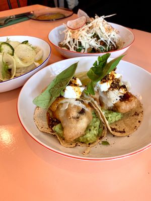 Amazing tacos with portobello mushrooms and vegan ‘feta cheese’.  at Peaches Gastro Girls in Warsaw