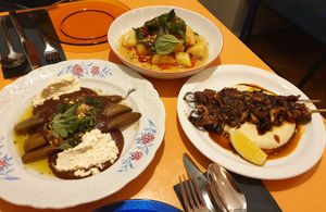 Aubergine with vegan ricotta, gnocchi, and wild mushroom skewers at Peaches Gastro Girls in Warsaw