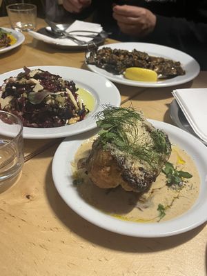 cauliflower, beetroot salad on the left, grilled mushroom in the back of the picture  at Peaches Gastro Girls in Warsaw