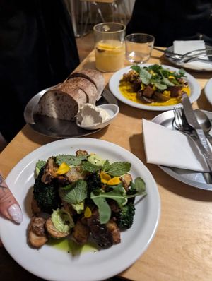 broccolli and baby potatoes dish and super tasty homemade bread with butter-ish spread  at Peaches Gastro Girls in Warsaw