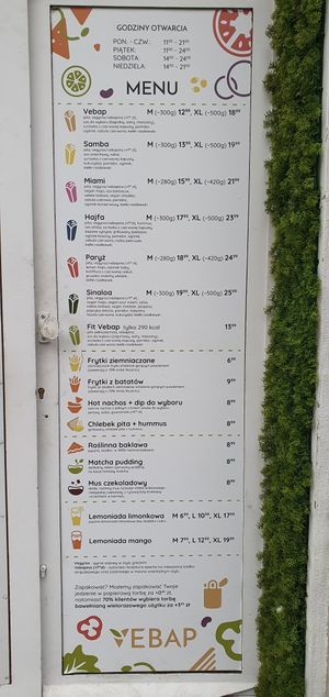 Menu at Vebap - Stanisława Noakowskiego in Warsaw
