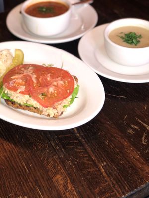 Lunch :
Tuna salad (chickpea & jackfruit) ,
Tomato Bisque and Butternut Squash soup  at The Organic Grill in New York City