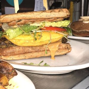 Waffle Burger w Omellete!  at The Organic Grill in New York City