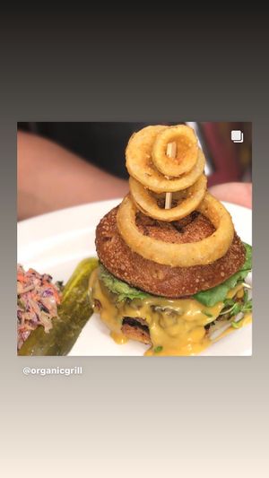 Burger w onion rings  at The Organic Grill in New York City