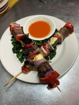 Marinated kebab skewers  at The Organic Grill in New York City