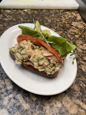 OG Lobster (heart of palms) Roll. Served on a pretzel bun  at The Organic Grill in New York City