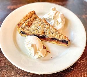 New Dessert Alert : Granny’s Apple Cinnamon Crumb or Blueberry Peach Cobbler. Served hot with generous helping of Vanilla Ice Cream  at The Organic Grill in New York City
