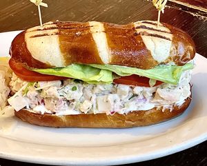 Lobster Roll ( made of hearts of palms). Served on a pretzel bun .  at The Organic Grill in New York City