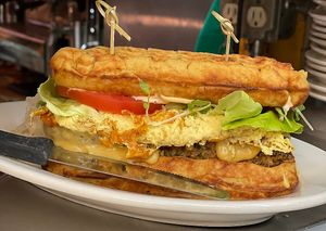 Waffle burger : waffles , omelette , burger patty  at The Organic Grill in New York City