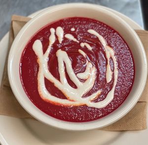 Chilled  Beet soup . Served w sunflower seed sour cream  at The Organic Grill in New York City
