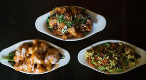 Tofu Scramble, Cauliflower Pops & OGicken Tenders (oyster mushrooms ) at The Organic Grill in New York City