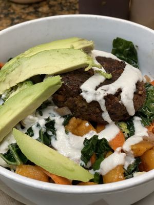 Squash Bowl. Served with Choice of a Burger Patty( Mushroom,Lentil , Black Bean ,OG) at The Organic Grill in New York City