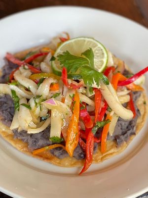 Ceviche Tostadas . Marinated Young  Coconut Meat  at The Organic Grill in New York City
