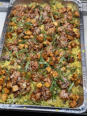 Tray of Kung Pao Jasmine Rice. Place an order for your family event or corporate function  at The Organic Grill in New York City