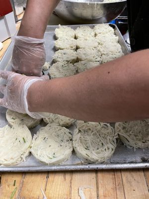 Latkes preparation for Hanukkah catering  at The Organic Grill in New York City