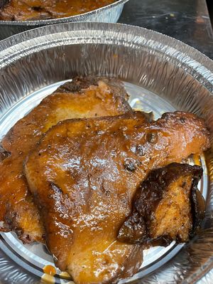 Seitan Brisket w veggies and gravy. Preparation for Hanukkah catering  at The Organic Grill in New York City