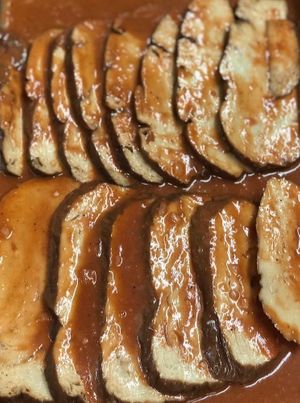 Seitan Brisket  with veggies & gravy . at The Organic Grill in New York City
